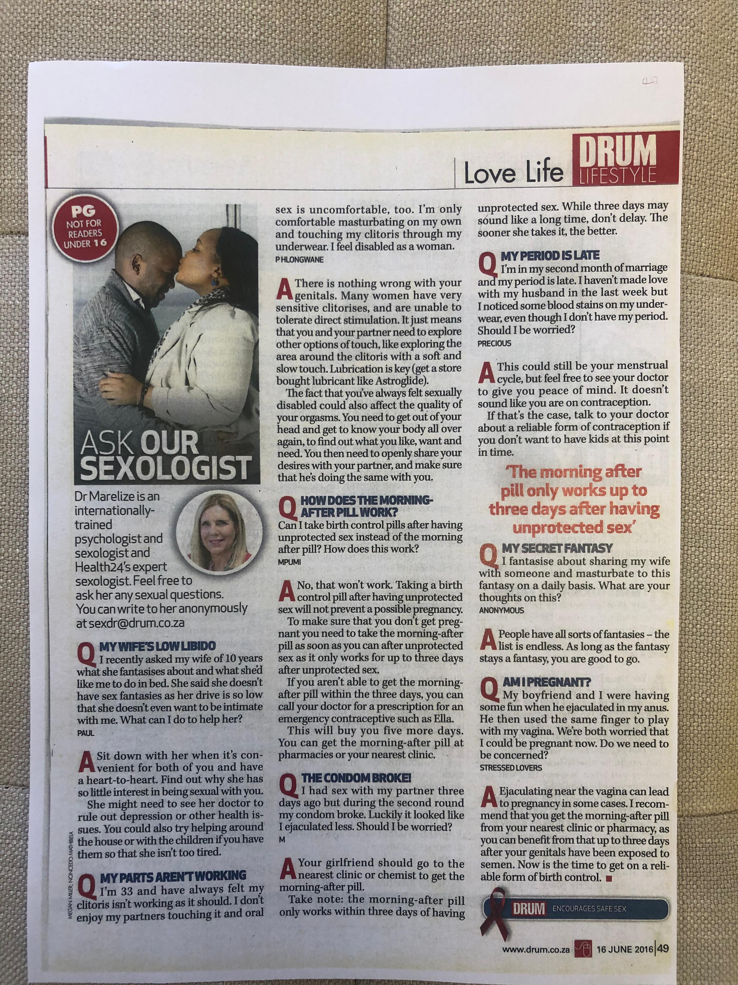 Drum magazine 'Ask Our Sexologist' column answered by Dr Marelize Swart, 16 June 2016