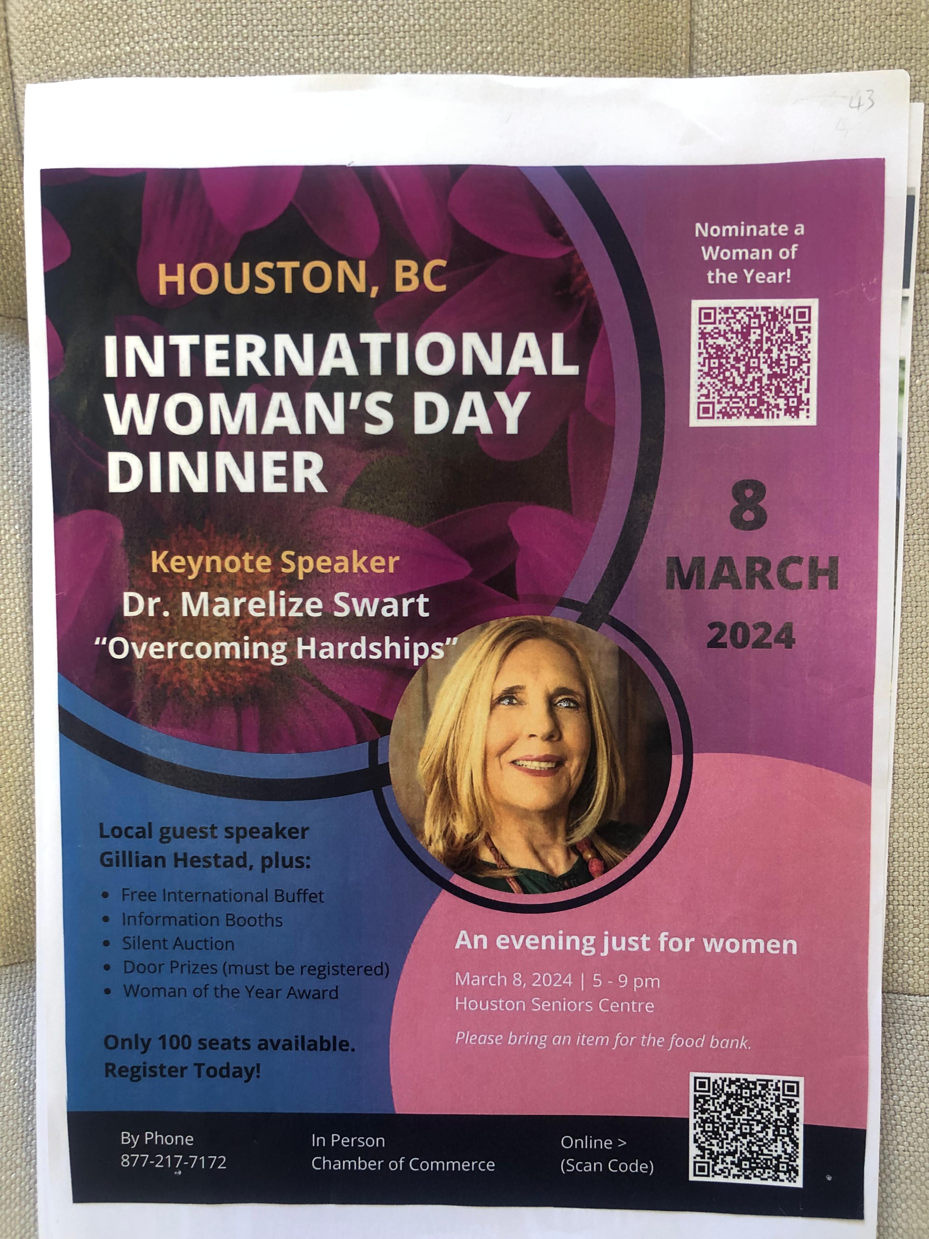 Poster for the International Woman's Day Dinner in Houston, BC, 8 March 2024, with keynote speaker Dr Marelize Swart